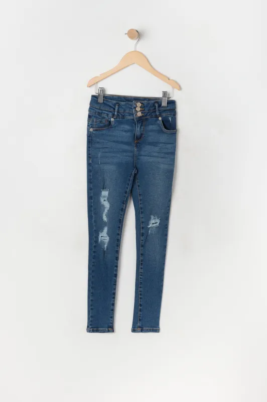 Girls Ibiza Distressed Dark Wash Skinny Jean sold by Urban Planet