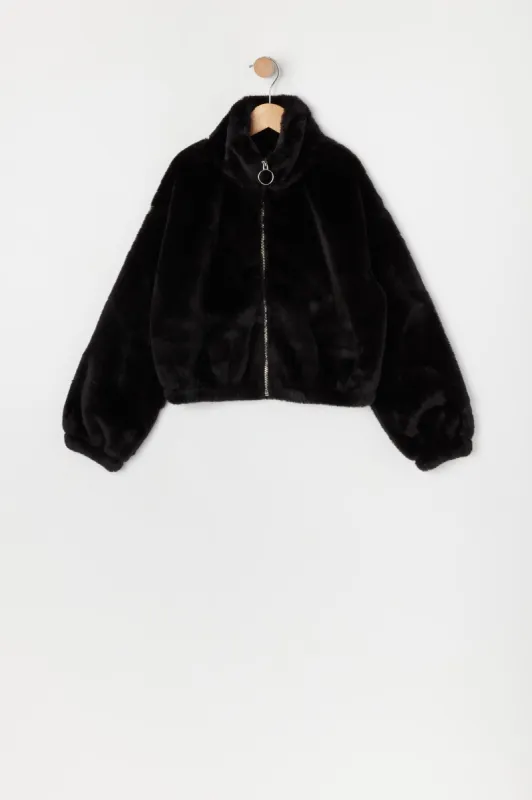 Girls Plush Zip-Up Cropped Jacket sold by Urban Planet