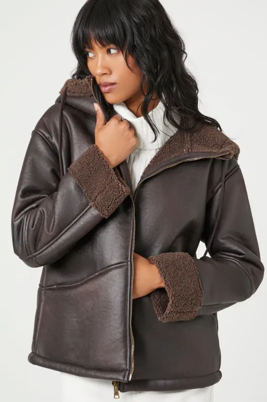 Faux Leather Sherpa Trim Zip-Up Jacket sold by Urban Planet