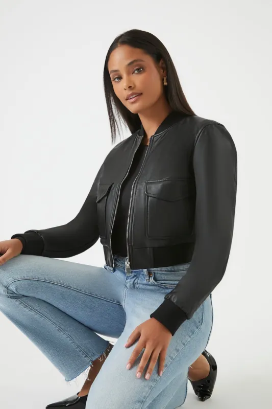 Faux Leather Cropped Bomber Jacket sold by Urban Planet