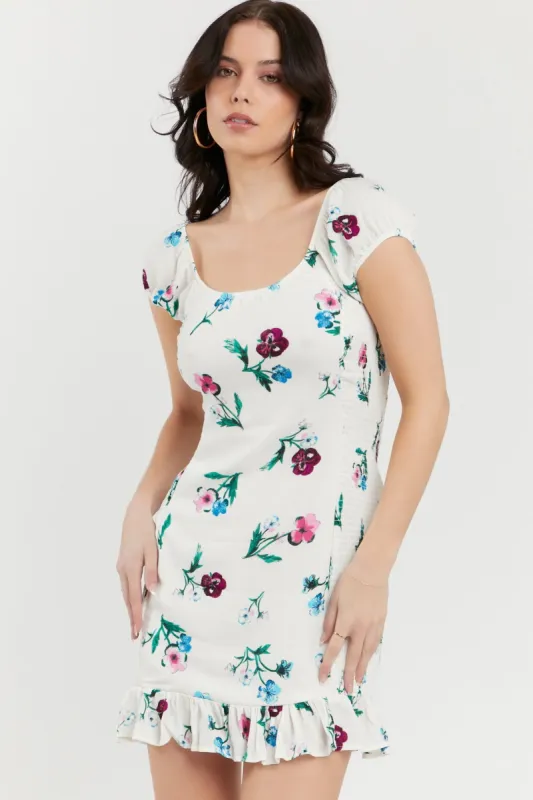 White Floral Print Smocked Mini Dress sold by Urban Planet