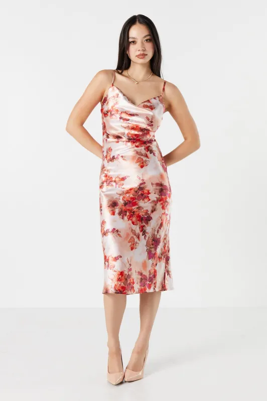 Floral Satin Cowl Neck Midi Slip Dress sold by Urban Planet