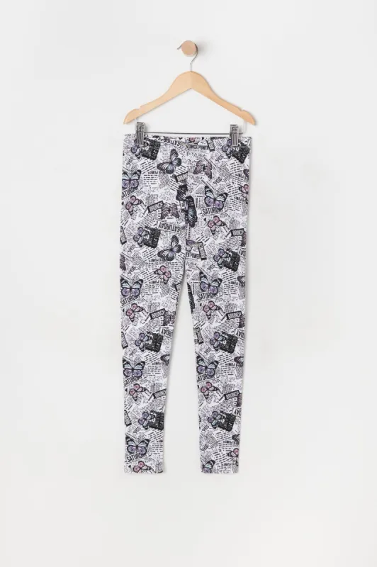 Girls Soft Newspaper And Butterfly Print Legging sold by Urban Planet