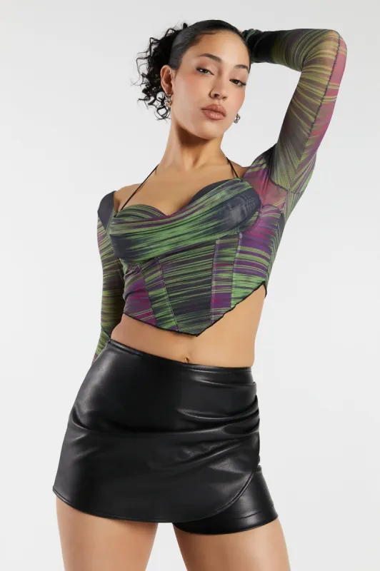 Abstract Print Mesh V Hem Bustier Top sold by Urban Planet
