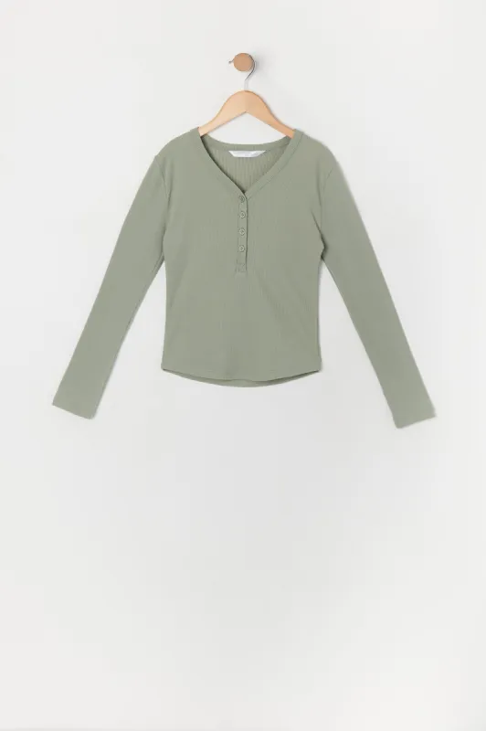 Girls Henley Long Sleeve Top sold by Urban Planet