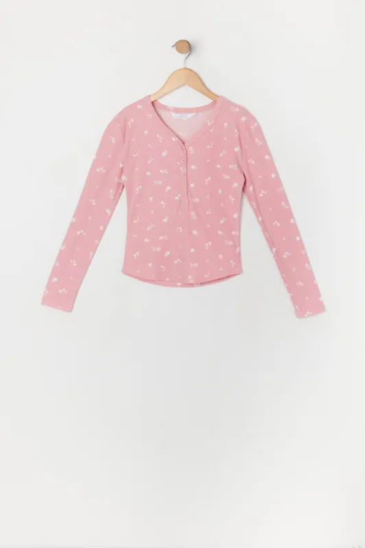 Girls Floral Print Henley Long Sleeve Top sold by Urban Planet