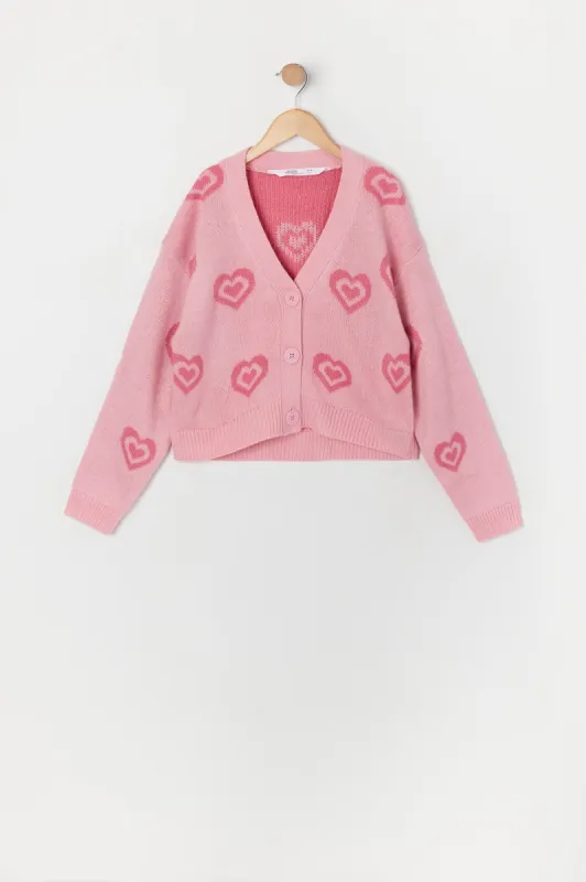 Girls Pink Heart Jacquard Knit Cardigan sold by Urban Planet