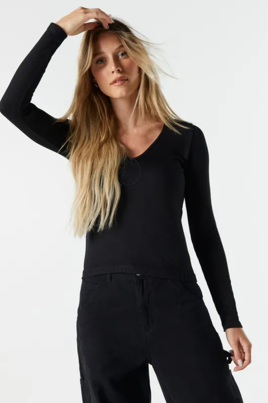 Seamless Ribbed V-Neck Long Sleeve Top sold by Urban Planet