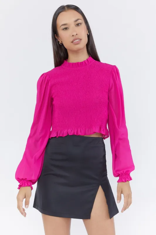 Ruffle Trim Smocked Balloon Sleeve Top sold by Urban Planet