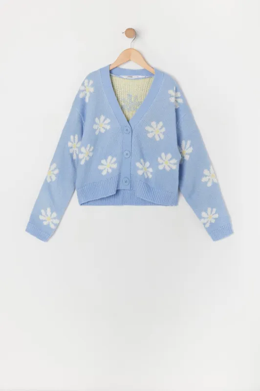 Girls Blue Flower Jacquard Knit Cardigan sold by Urban Planet