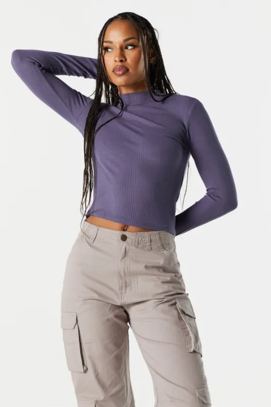Coloured Ribbed Mock Neck Long Sleeve Top sold by Urban Planet