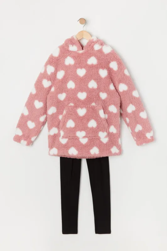 Girls Heart Print Sherpa Hoodie and Leggings Set sold by Urban Planet