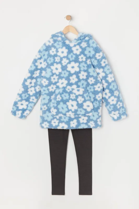 Girls Flower Print Sherpa Hoodie and Leggings Set sold by Urban Planet