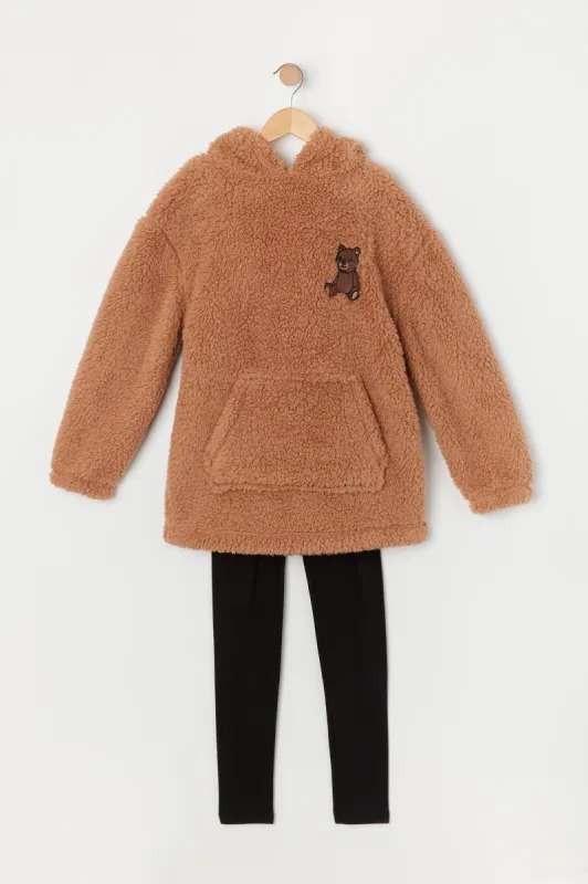 Girls Bear Embroidered Sherpa Hoodie and Leggings Set sold by Urban Planet