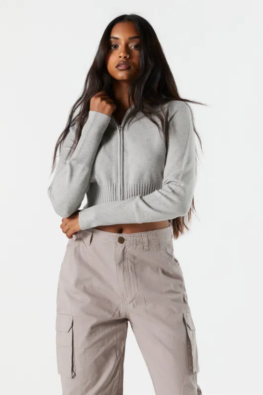 Ribbed Knit Mock Neck Zip-Up Sweater sold by Urban Planet
