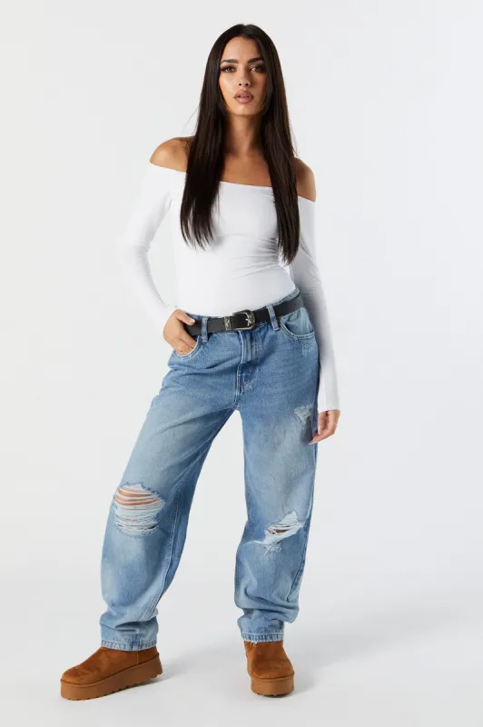 High Rise Medium Wash Distressed Straight Leg Jean sold by Urban Planet