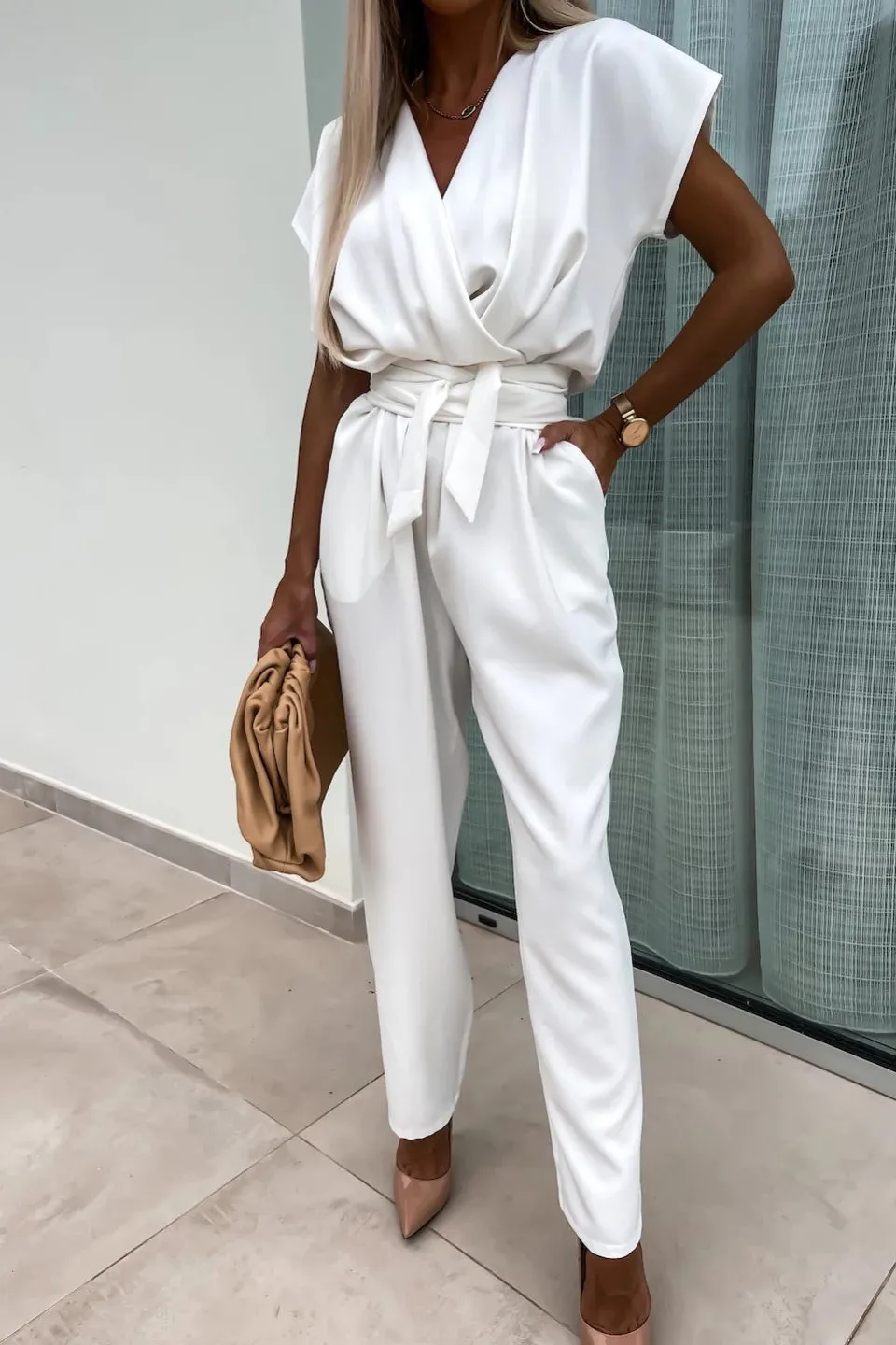 Brody White Sleeveless Belted Jumpsuit sold by Va Va Voom product image thumbnail 2