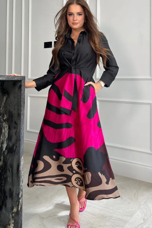 Girl In Mind Isabella Black Satin Leaf Print Dress sold by Va Va Voom