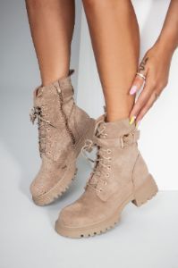 Callie Camel Suedette Biker Boots sold by Va Va Voom