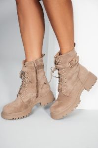 Callie Camel Suedette Biker Boots sold by Va Va Voom
