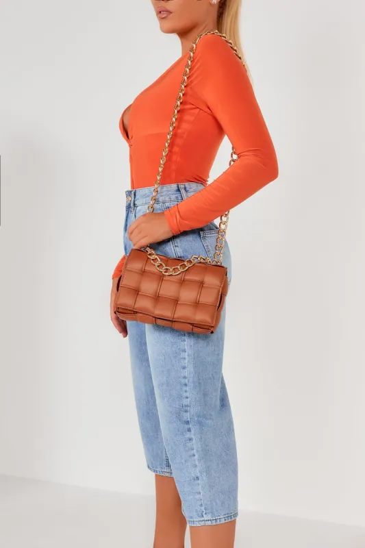 Panthea Brown Woven Cross Body Bag sold by Va Va Voom