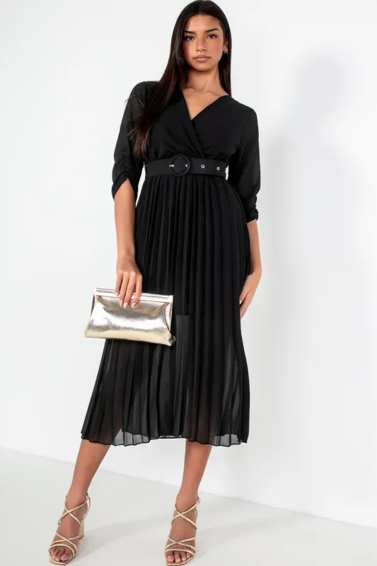 Uliana Black Chiffon Pleated Dress sold by Va Va Voom