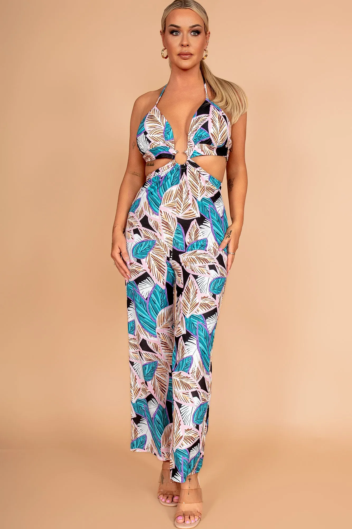 Dora Teal Leaf Print Jumpsuit sold by Va Va Voom product image thumbnail 3