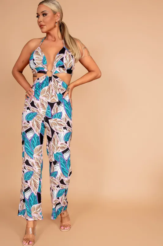 Dora Teal Leaf Print Jumpsuit sold by Va Va Voom