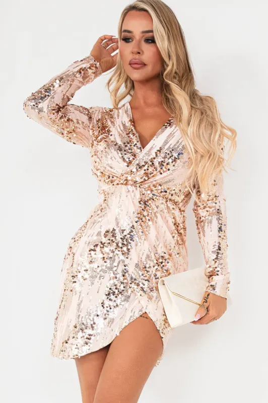 Weslyn Rose Gold Sequin Wrap Dress | Parallel