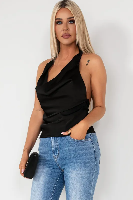 Maylin Black Satin Halter Neck Top sold by Va Va Voom