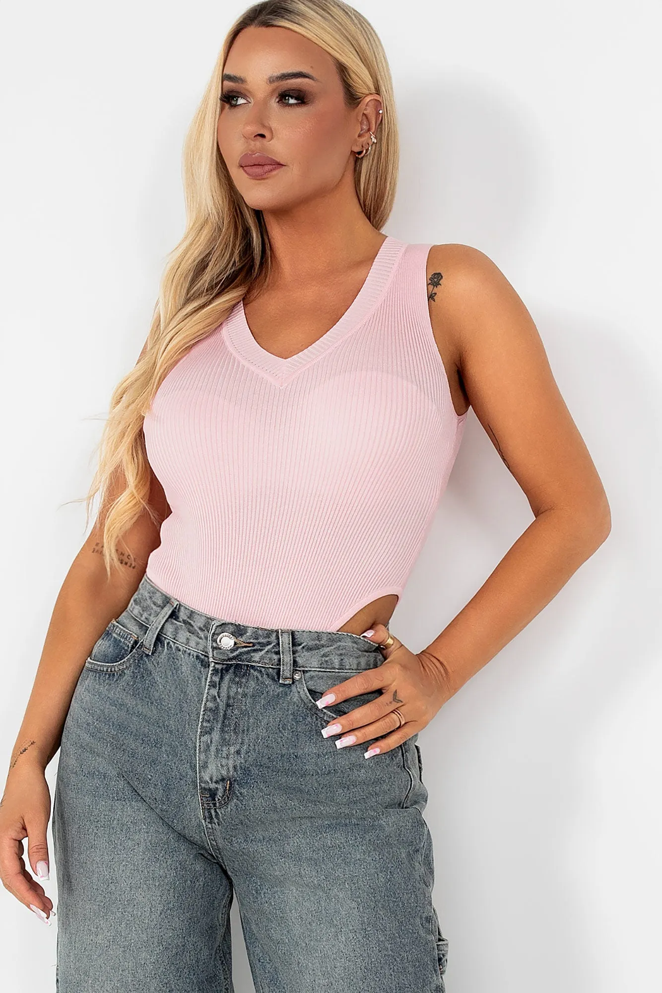 Jaelyn Pink Knit Sleeveless Bodysuit sold by Va Va Voom