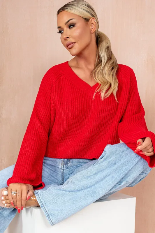 Joan Red Knit Cropped Jumper sold by Va Va Voom