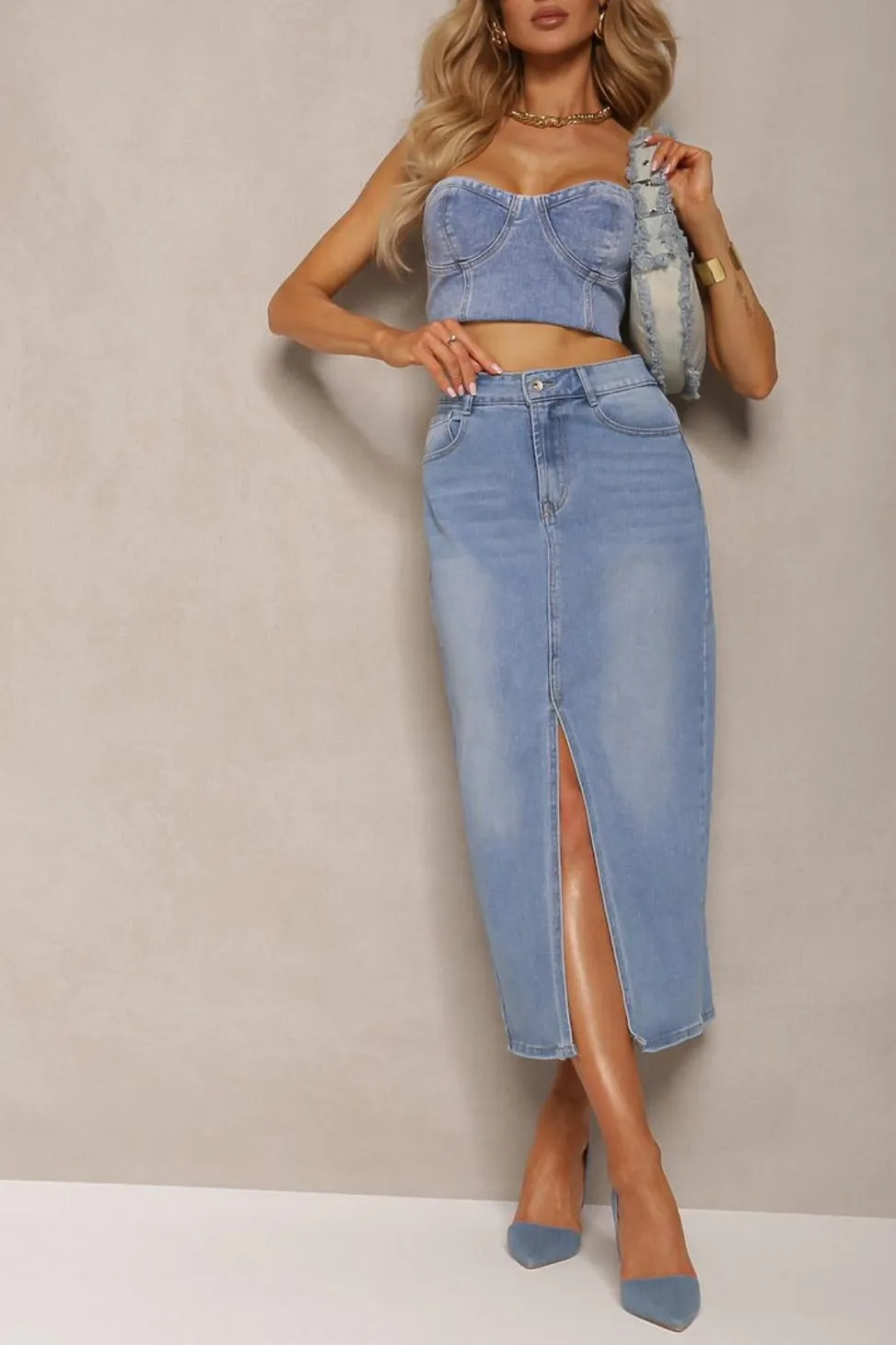 Sabrina Blue Denim Midi Skirt sold by Va Va Voom