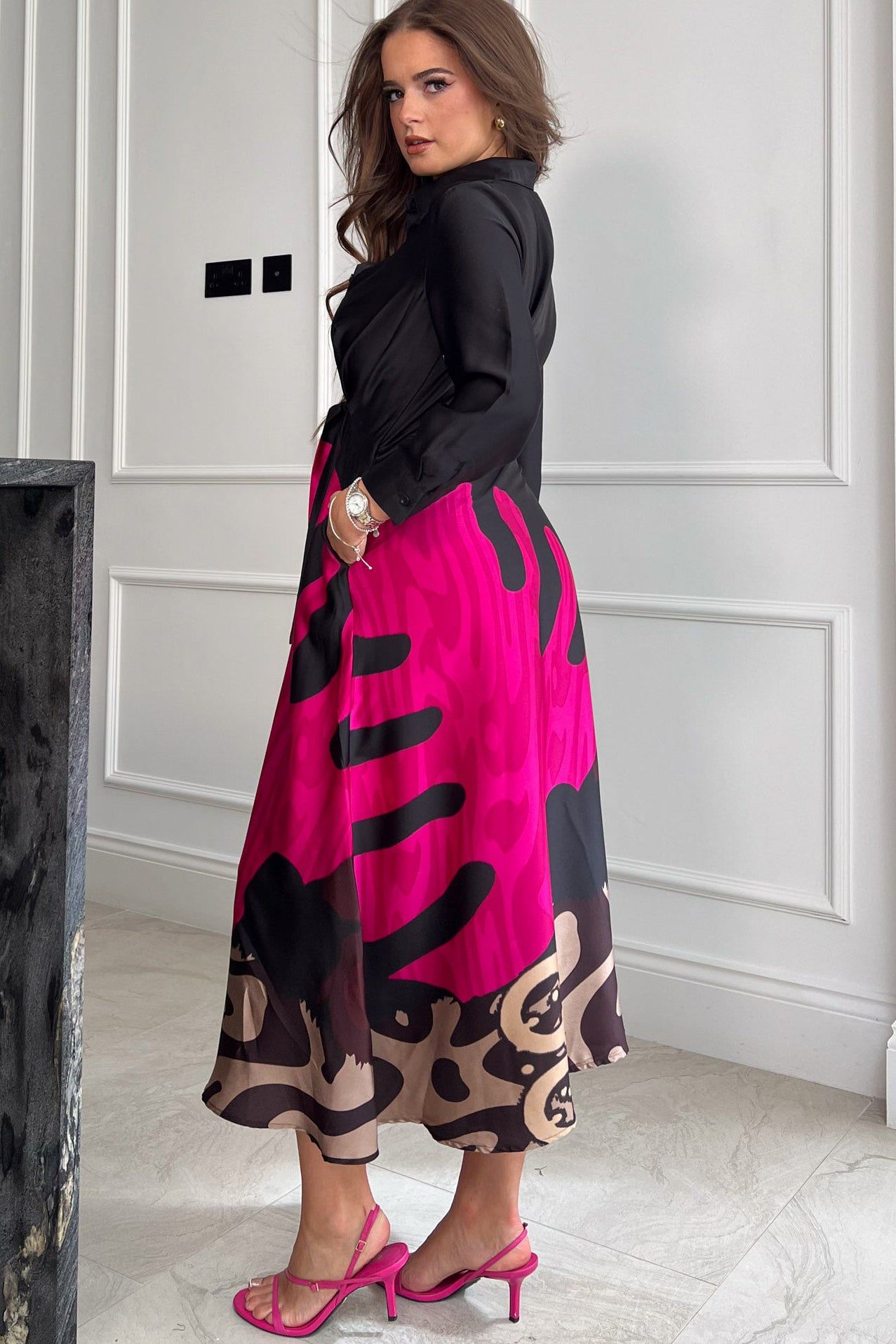 Girl In Mind Isabella Black Satin Leaf Print Dress sold by Va Va Voom product image thumbnail 3