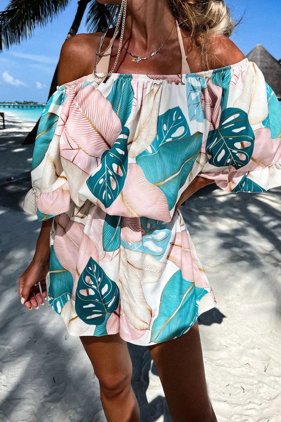 Estrella Pink and Teal Leaf Print Playsuit sold by Va Va Voom