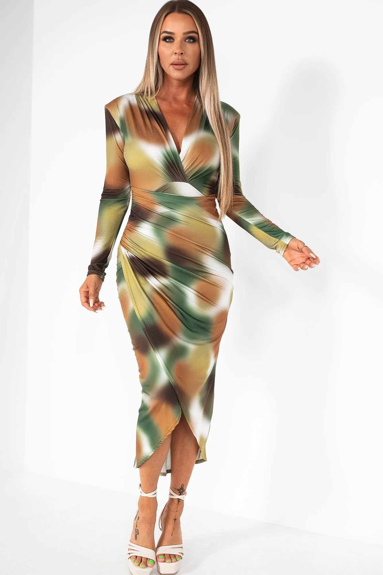 AX Paris Delia Khaki Slinky Print Wrap Dress sold by Va Va Voom