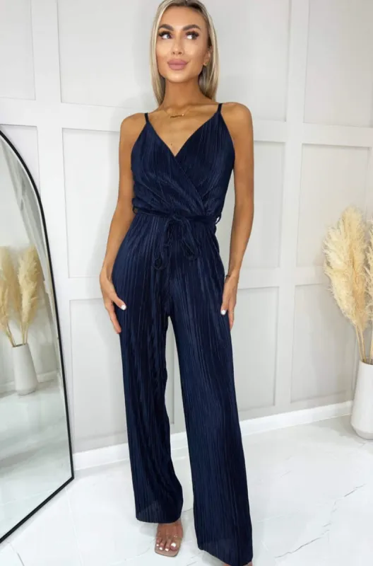 AX Paris Sadie Navy Plisse Wrap Jumpsuit sold by Va Va Voom