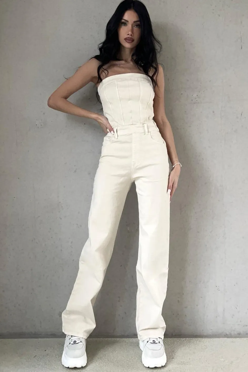 Eliza Cream Denim Jumpsuit sold by Va Va Voom
