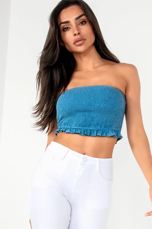 Clyde Blue Bandeau Shirred Top sold by Va Va Voom