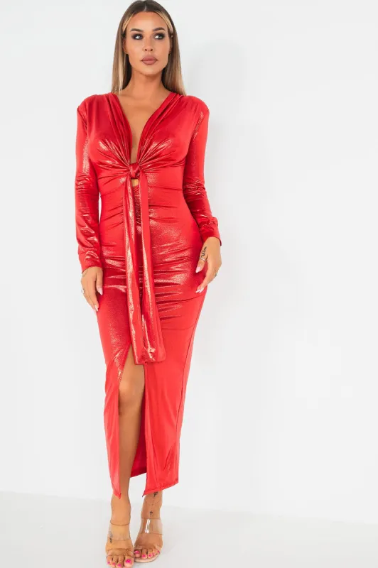 Juliette Red Metallic Tie Front Dress sold by Va Va Voom