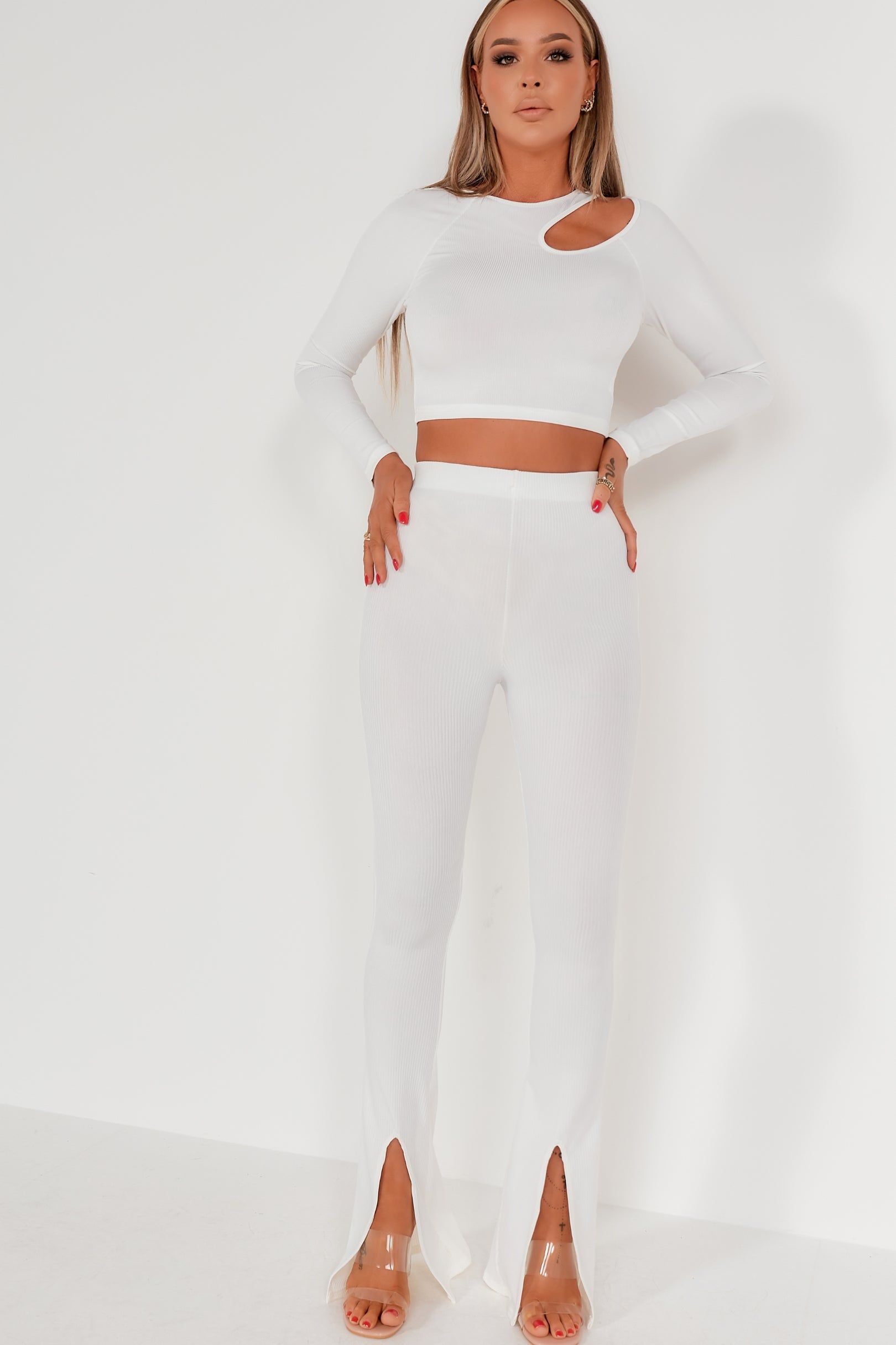 Mavis White Ribbed Split Hem Trousers sold by Va Va Voom product image thumbnail 3