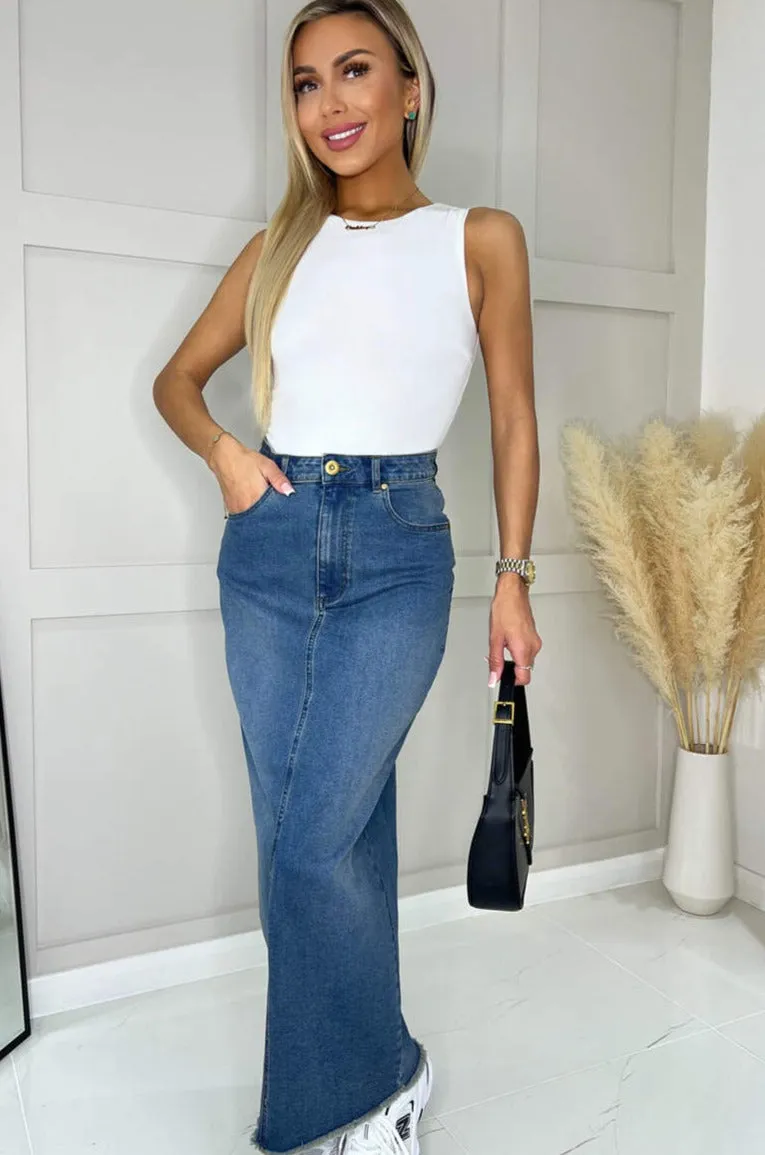 AX Paris Audrey Dark Blue Denim Maxi Skirt sold by Va Va Voom