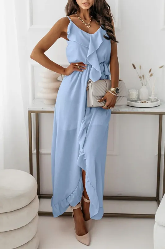 Kamari Powder Blue Chiffon Frill Belted Dress sold by Va Va Voom