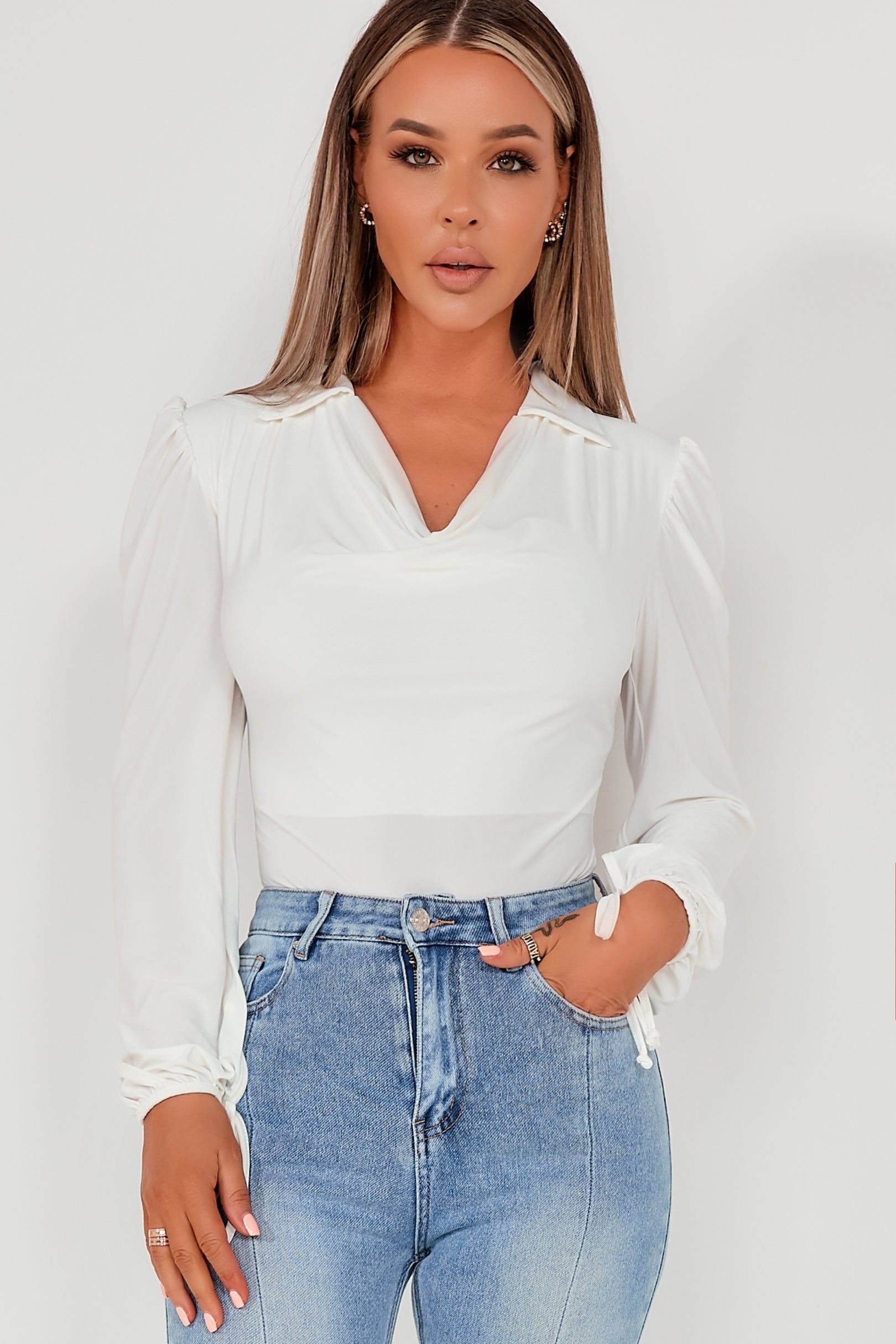 Calzia White Slinky Collared Bodysuit sold by Va Va Voom