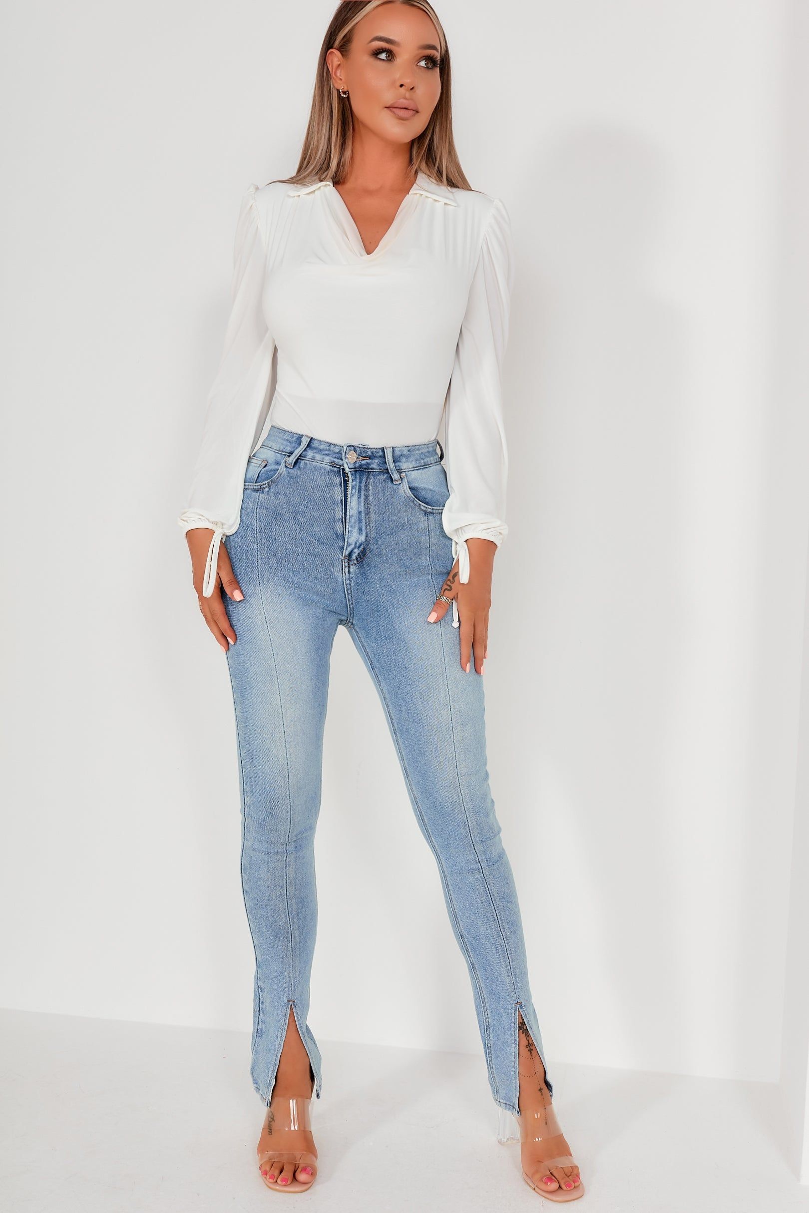 Calzia White Slinky Collared Bodysuit sold by Va Va Voom product image thumbnail 4