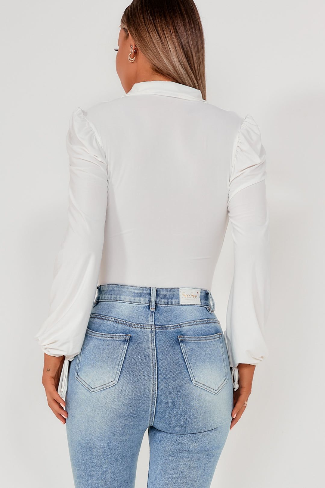 Calzia White Slinky Collared Bodysuit sold by Va Va Voom product image thumbnail 3