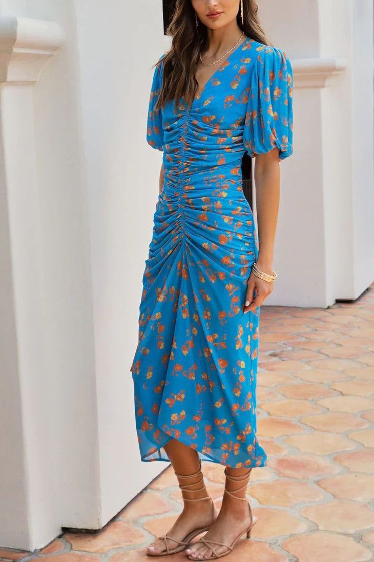 Gloria Blue Floral Ruched Dress sold by Va Va Voom product image thumbnail 3