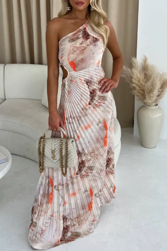 Tamika Orange Plisse Marble Print Dress sold by Va Va Voom