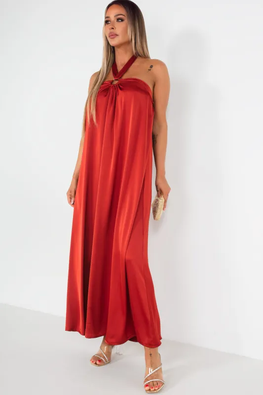Quetta Rust Satin Halter Neck Dress sold by Va Va Voom