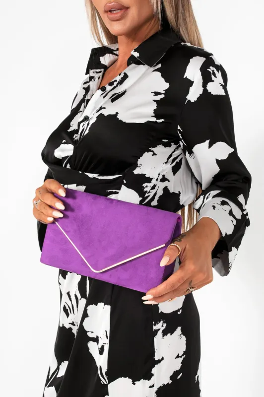 Pamela Purple Suedette Gold Trim Clutch sold by Va Va Voom